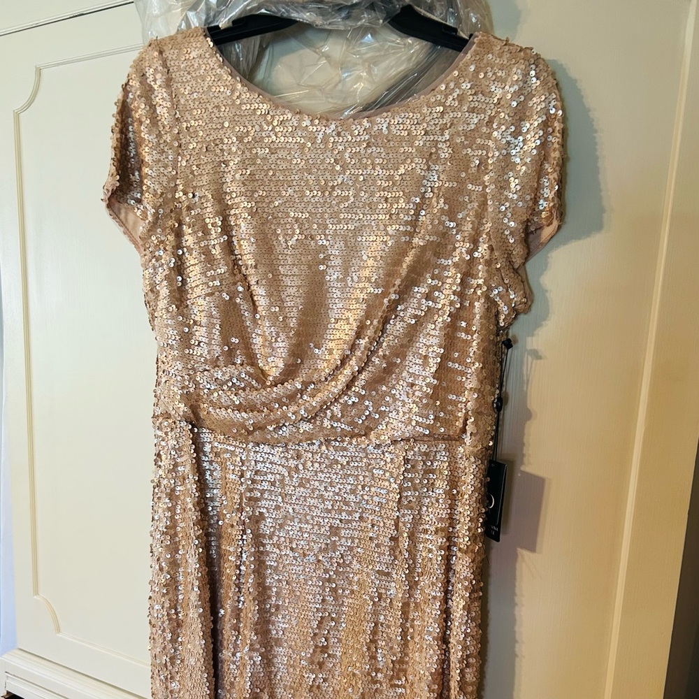 Adrianna Papell Champagne Sequin Short-Sleeve Gown